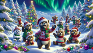 Dall·e 2023 12 10 01.52.31 A Festive Scene Without Any Logos Featuring Christmas Themed Bears In A Wintry Landscape. The Image Captures A Group Of Animated Cheerful Bears Ador