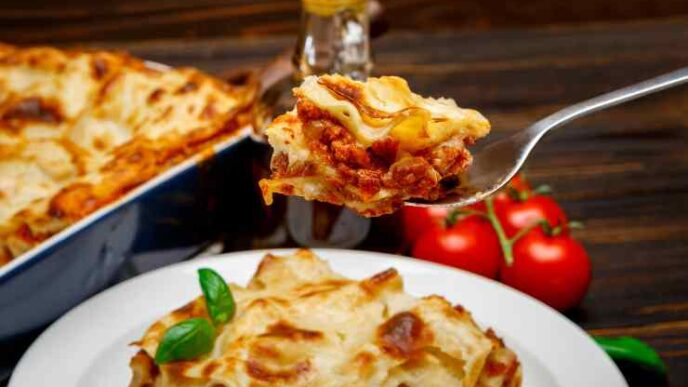 Portion Lasagna Closeup Wooden Backgound 1