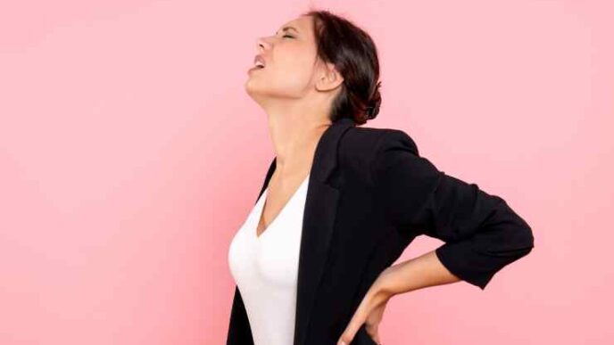 Front View Young Female Dark Jacket Pink Background 1