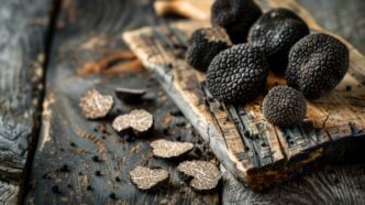 Wooden Cutting Board With Pile Black Truffles Some Truffle Shavings